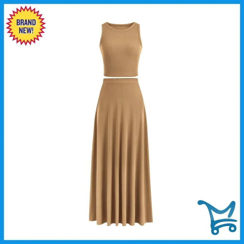 Knit Cropped Tank Maxi Skirt Set Elegant Chic Summer Outfit Matching